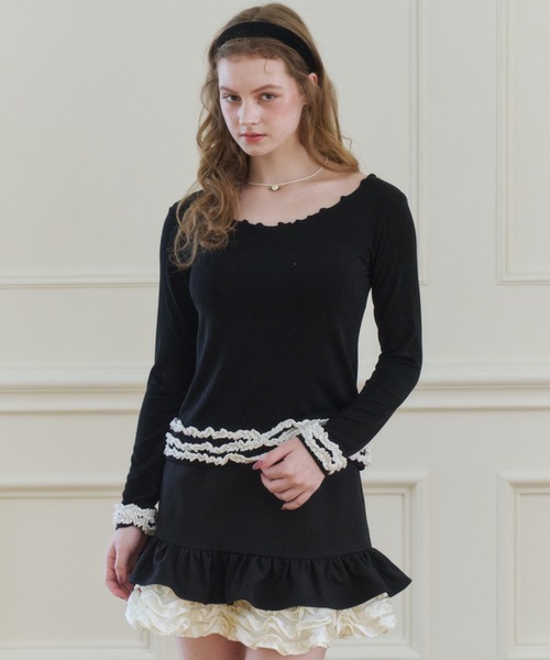 idem（イデム）の「whip frill tops / 配色フリルメロウカットソー（Tシャツ/カットソー・レディース・グレー/ブラック・FREE）」の7枚目の写真