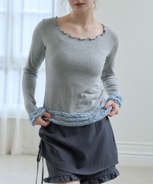 idem（イデム）の「whip frill tops / 配色フリルメロウカットソー（Tシャツ/カットソー・レディース・グレー/ブラック・FREE）」の19枚目の写真