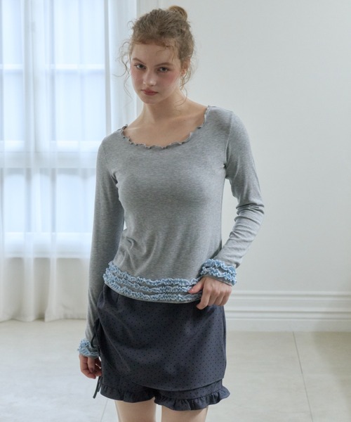 idem（イデム）の「whip frill tops / 配色フリルメロウカットソー（Tシャツ/カットソー・レディース・グレー/ブラック・FREE）」の21枚目の写真