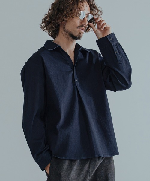 Magine(マージン)の「ms6582-Refined Stretch Denim Skipper Pullover Shirt スキッパープルオーバーシャツ(MGN-263-002)(シャツ/ブラウス・メンズ・ブラック/ダークインディゴブルー/ワンウォッシュ・44/46/48)」の3枚目の写真