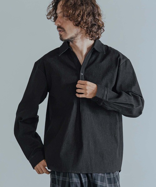 Magine(マージン)の「ms6582-Refined Stretch Denim Skipper Pullover Shirt スキッパープルオーバーシャツ(MGN-263-002)(シャツ/ブラウス・メンズ・ブラック/ダークインディゴブルー/ワンウォッシュ・44/46/48)」の5枚目の写真