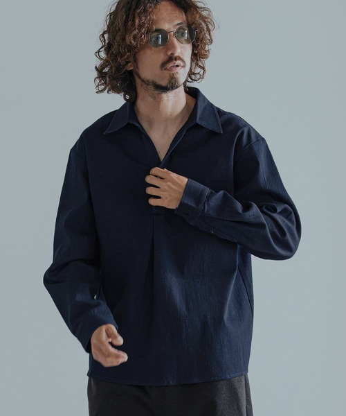 Magine(マージン)の「ms6582-Refined Stretch Denim Skipper Pullover Shirt スキッパープルオーバーシャツ(MGN-263-002)(シャツ/ブラウス・メンズ・ブラック/ダークインディゴブルー/ワンウォッシュ・44/46/48)」の8枚目の写真