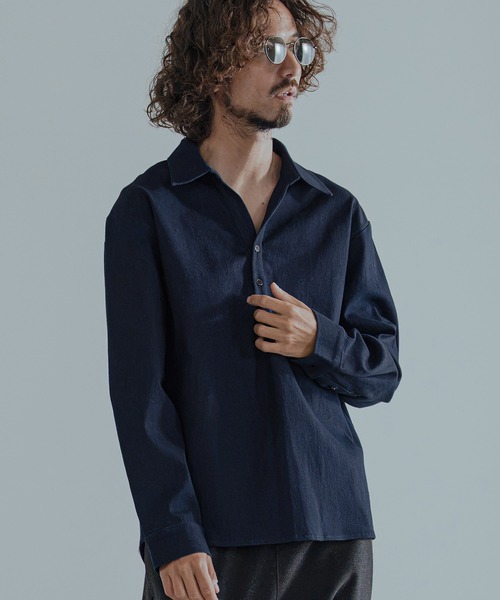 Magine(マージン)の「ms6582-Refined Stretch Denim Skipper Pullover Shirt スキッパープルオーバーシャツ(MGN-263-002)(シャツ/ブラウス・メンズ・ブラック/ダークインディゴブルー/ワンウォッシュ・44/46/48)」の9枚目の写真