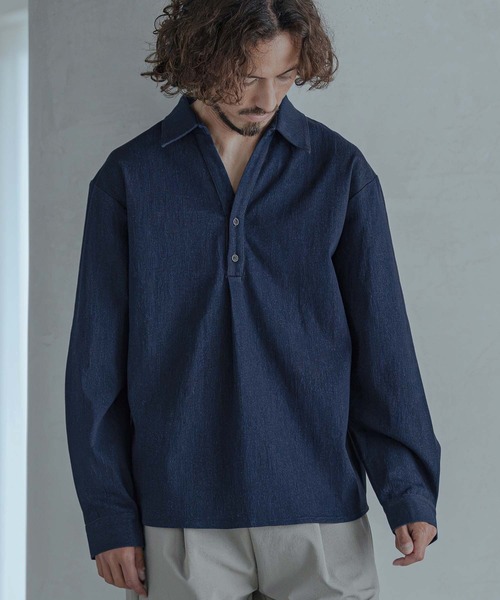 Magine(マージン)の「ms6582-Refined Stretch Denim Skipper Pullover Shirt スキッパープルオーバーシャツ(MGN-263-002)(シャツ/ブラウス・メンズ・ブラック/ダークインディゴブルー/ワンウォッシュ・44/46/48)」の12枚目の写真