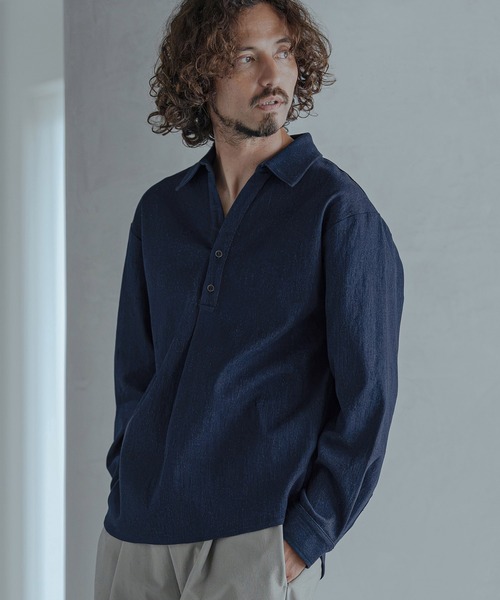 Magine(マージン)の「ms6582-Refined Stretch Denim Skipper Pullover Shirt スキッパープルオーバーシャツ(MGN-263-002)(シャツ/ブラウス・メンズ・ブラック/ダークインディゴブルー/ワンウォッシュ・44/46/48)」の13枚目の写真