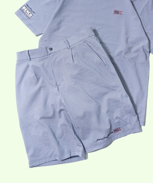 BENCH AT THE GREENE GOLF(ベンチアットザグリーンゴルフ)の「BENCH AT THE GREENE GOLF / KNIT SEERSUCKER SHORTS /セットアップ対応 通気性・吸汗速乾・UVカット COOLMAX(その他パンツ・メンズ・ホワイト×ネイビー/ブラック・MEDIUM/LARGE/X-LARGE)」の2枚目の写真