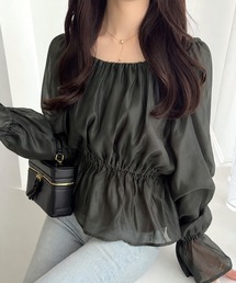 【mily bilet】シアー×ペプラムで、大人可愛く。キャンディスリーブシアーギャザーペプラムブラウス (長袖) (シアー)