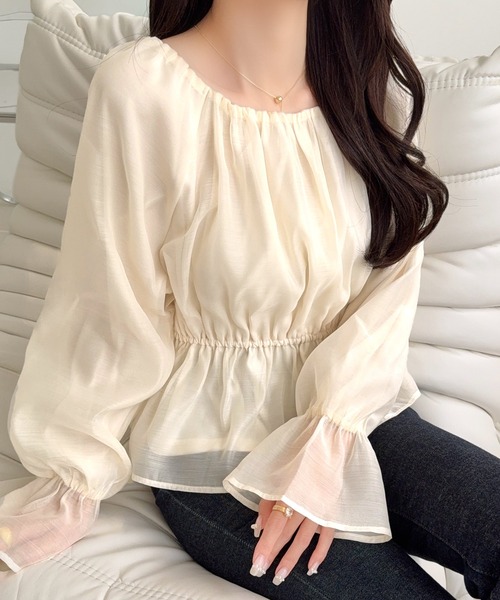 mily bilet（ミウィビレット）の「【mily bilet】シアー×ペプラムで、大人可愛く。キャンディスリーブシアーギャザーペプラムブラウス (長袖) (シアー)（シャツ/ブラウス・レディース・チャコール/ブラウン/アイボリー・LARGE/X-LARGE/MEDIUM/SMALL）」の18枚目の写真