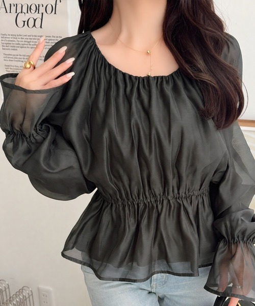 mily bilet（ミウィビレット）の「【mily bilet】シアー×ペプラムで、大人可愛く。キャンディスリーブシアーギャザーペプラムブラウス (長袖) (シアー)（シャツ/ブラウス・レディース・チャコール/ブラウン/アイボリー・LARGE/X-LARGE/MEDIUM/SMALL）」の10枚目の写真