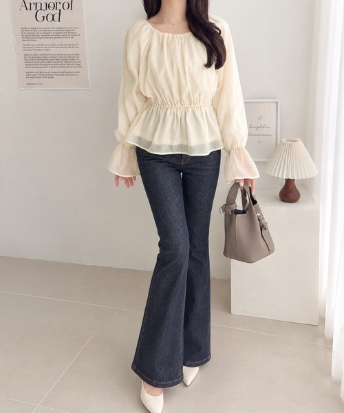 mily bilet（ミウィビレット）の「【mily bilet】シアー×ペプラムで、大人可愛く。キャンディスリーブシアーギャザーペプラムブラウス (長袖) (シアー)（シャツ/ブラウス・レディース・チャコール/ブラウン/アイボリー・LARGE/X-LARGE/MEDIUM/SMALL）」の7枚目の写真