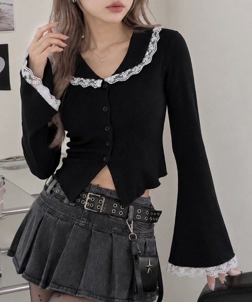 CLOTHY(クロシィ)の「【レイヤードいらずで、即フェミニン】レースレイヤードニットトップス(ニット/セーター・レディース・アイボリー/グレー/ブラック・FREE)」の7枚目の写真
