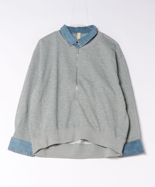 Q(キュー)の「ミニ裏毛デニムレイヤード風プルオーバー(Tシャツ/カットソー・レディース・ネイビー/杢グレー・MEDIUM)」の1枚目の写真