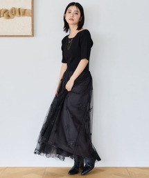 チュール刺繍ニットワンピース5分袖 1081512