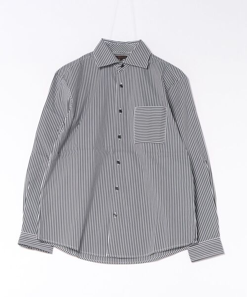 m.f.editorial（エムエフエディトリアル）の「＊シャツ 長袖 メンズ ストレッチ 綿混 ワイドカラー ややゆったり ストライプ（シャツ/ブラウス・メンズ・ブラック/ブルー・MEDIUM/LARGE）」の2枚目の写真