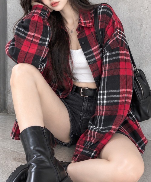 GLAMOROUS JANE(グラマラスジェーン)の「オーバーサイズチェックシャツ(シャツ/ブラウス・レディース・ピンク/ブルー/ネイビー/ブラック/レッド/ブラウン・FREE)」の6枚目の写真