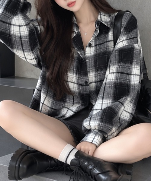 GLAMOROUS JANE(グラマラスジェーン)の「オーバーサイズチェックシャツ(シャツ/ブラウス・レディース・ピンク/ブルー/ネイビー/ブラック/レッド/ブラウン・FREE)」の10枚目の写真