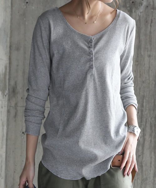 antiqua（アンティカ）の「ヘンリーネックリブロンＴ（Tシャツ/カットソー・レディース・ホワイト/オートミール/ネイビー/杢グレー/ブラック・M）」の3枚目の写真