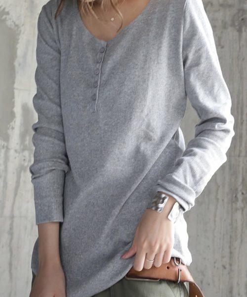 antiqua（アンティカ）の「ヘンリーネックリブロンＴ（Tシャツ/カットソー・レディース・ホワイト/オートミール/ネイビー/杢グレー/ブラック・M）」の10枚目の写真