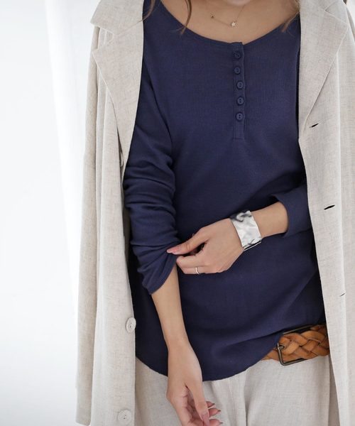 antiqua（アンティカ）の「ヘンリーネックリブロンＴ（Tシャツ/カットソー・レディース・ホワイト/オートミール/ネイビー/杢グレー/ブラック・M）」の9枚目の写真
