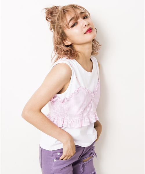 SAMANTHAVEGA(サマンサベガ)の「フリルノースリーブシャツ(S)(その他トップス・レディース・ピンク/ホワイト・MEDIUM/SMALL)」の6枚目の写真