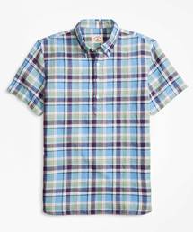 BROOKS BROTHERS | Red Fleece リネン/コットン インディゴ プラッド ショートスリーブ プルオーバーシャツ(シャツ/ブラウス)