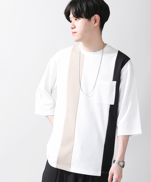 WEGO（ウィゴー）の「WEGO/ストライプ切替7分袖Tシャツ（Tシャツ/カットソー・メンズ・ホワイト/ネイビー/ブラウン・MEDIUM/LARGE）」の2枚目の写真