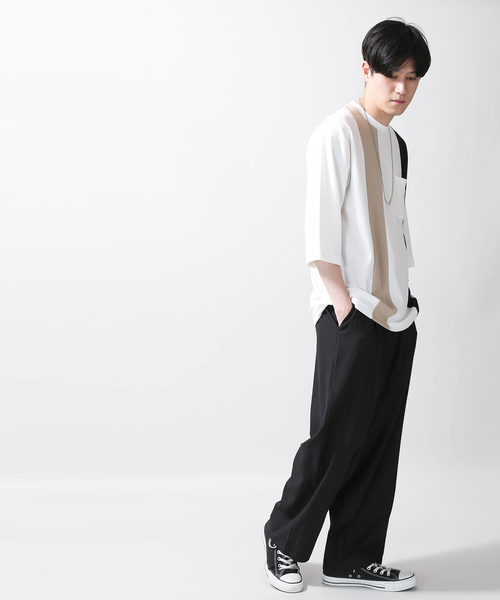 WEGO（ウィゴー）の「WEGO/ストライプ切替7分袖Tシャツ（Tシャツ/カットソー・メンズ・ホワイト/ネイビー/ブラウン・MEDIUM/LARGE）」の6枚目の写真