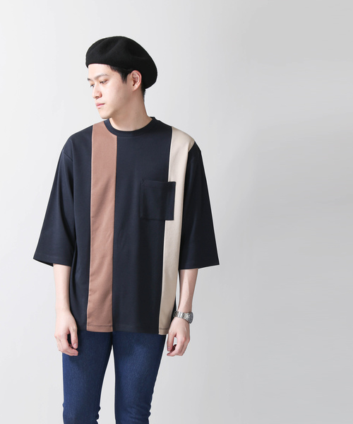 WEGO（ウィゴー）の「WEGO/ストライプ切替7分袖Tシャツ（Tシャツ/カットソー・メンズ・ホワイト/ネイビー/ブラウン・MEDIUM/LARGE）」の13枚目の写真