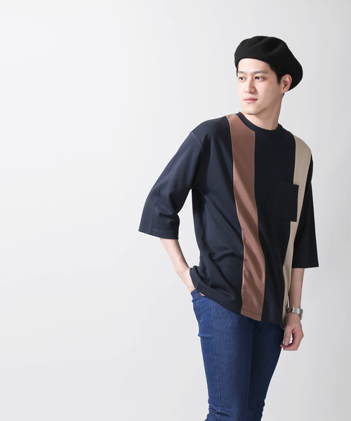 WEGO（ウィゴー）の「WEGO/ストライプ切替7分袖Tシャツ（Tシャツ/カットソー・メンズ・ホワイト/ネイビー/ブラウン・MEDIUM/LARGE）」の14枚目の写真