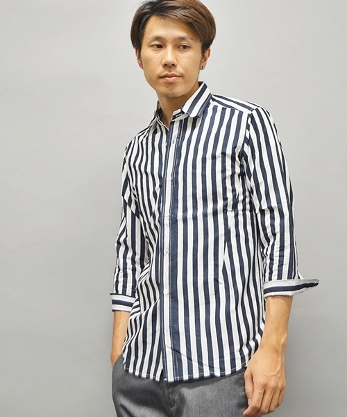 SHIPS JET BLUE(シップスジェットブルー)の「★★JB: ワイドストライプ/7スリーブ ドレスシャツ■(シャツ/ブラウス・メンズ・ブラック/グレー/ネイビー・SMALL/LARGE/MEDIUM)」の3枚目の写真