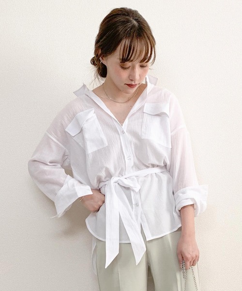 KOBE LETTUCE(コウベレタス)の「ベルト付きビッグシルエットシアーシャツ(シャツ/ブラウス・レディース・ホワイト系その他/ベージュ/ミント/アイボリー/ブラウン・FREE)」の3枚目の写真