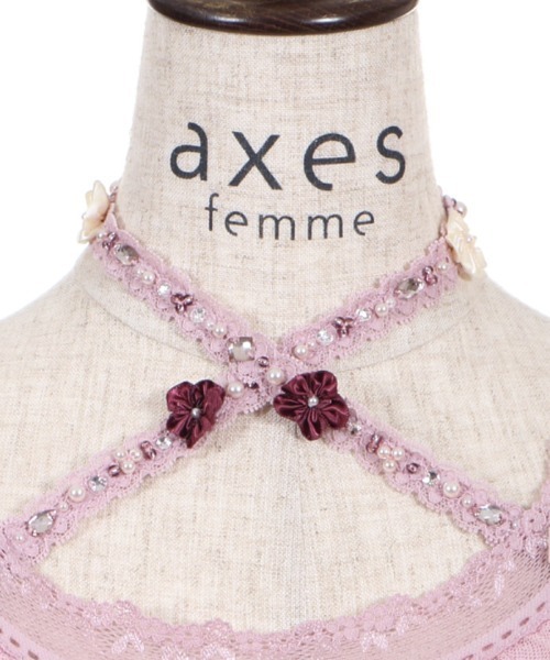axes femme アクシーズファム キャミソール ピンク リボンとレース装飾