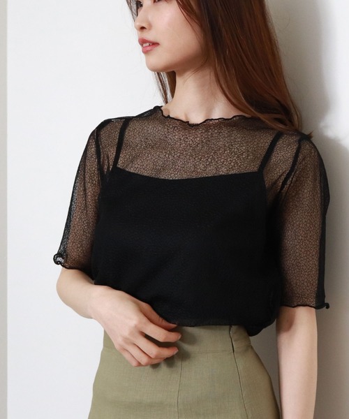 archives（アルシーヴ）の「半袖コードレースプルオーバー＋キャミset（Tシャツ/カットソー・レディース・カーキ/オフホワイト/ブラック・MEDIUM）」の2枚目の写真