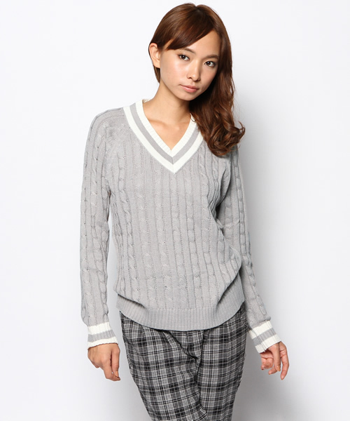Chico（チコ）の「ライン衿ケーブルニット（ニット/セーター・レディース・ホワイト/グレー・FREE）」の3枚目の写真