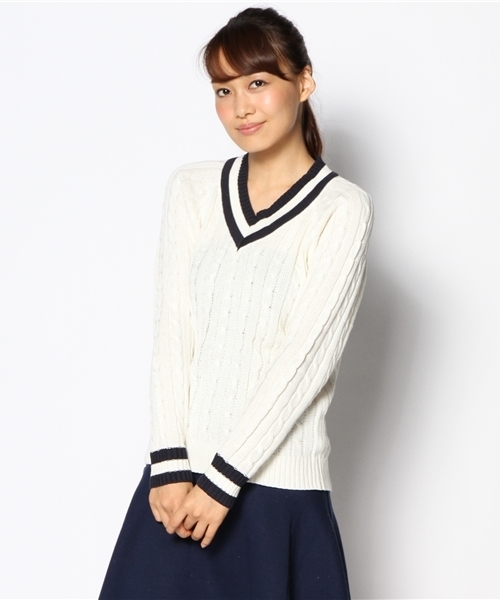 Chico（チコ）の「ライン衿ケーブルニット（ニット/セーター・レディース・ホワイト/グレー・FREE）」の4枚目の写真