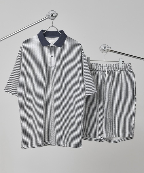 Loungewear tokyo（ラウンジウェアトウキョウ）の「【ラウンジウェアセットアップ】リラックス カットサッカー地 ポロシャツ×イージーショートパンツ ワンマイルウェア（ルームウェア/パジャマ・メンズ・ブラック/ネイビー/ホワイト系その他/グレー系その他/ホワイト系その他2・M/L/XL）」の7枚目の写真