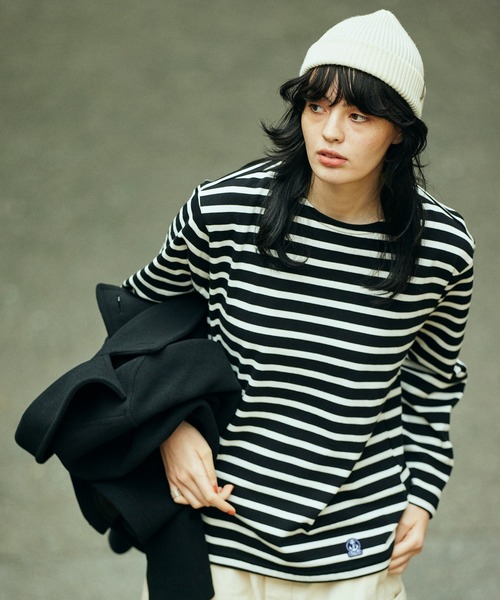 FIDELITY（フィデリティ）の「BORDER L/S REGULAR / バスクボーダーシャツ（Tシャツ/カットソー・メンズ・キナリ/A/カーキ/ネイビー/ベージュ/ブラック/B/オフホワイト/オレンジ/ラベンダー/ダークグリーン/グレー/D/C/アイボリー/ブラウン・X-LARGE/SMALL/MEDIUM/LARGE/FREE）」の4枚目の写真