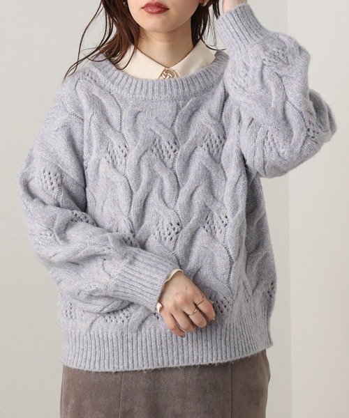 natural couture（ナチュラルクチュール）の「【WEB限定カラー有り】ガーリーなメランジケーブルニット（ニット/セーター・レディース・チャコールグレー/ピンク/ミント/ラベンダー/ライトベージュ・FREE）」の4枚目の写真