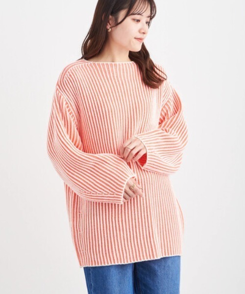 Petit fleur(プチフルール)の「・Petit Fleur バイカラーストライプニット*(ニット/セーター・レディース・グレー/オレンジ/グリーン/ラベンダー・FREE)」の1枚目の写真