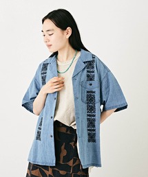 綿麻インディゴ刺繍オープンカラーシャツユニセックス