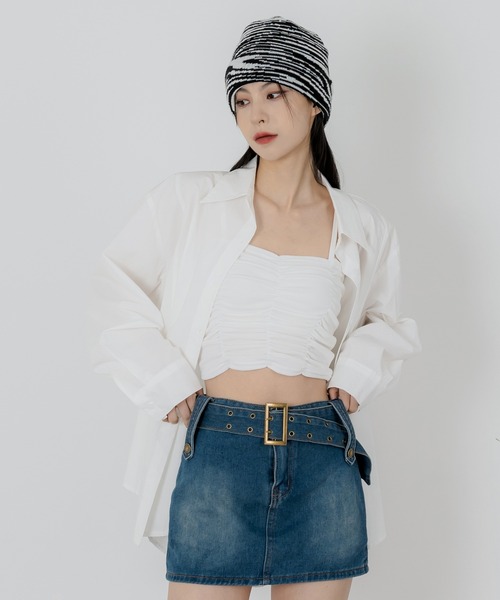 FOLLOWIN(フォロウィン)の「シャーリングクロップドキャミソール(キャミソール・レディース・ブラック/ベージュ/カーキ/アイボリー・FREE)」の10枚目の写真