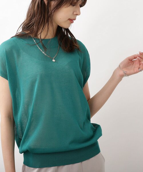 DRESKIP(ドレスキップ)の「◆【洗える/接触冷感】フレンチスリーブニット(ニット/セーター・レディース・イエロー系その他/ナチュラル/ネイビー/ダークグリーン・02/03)」の1枚目の写真