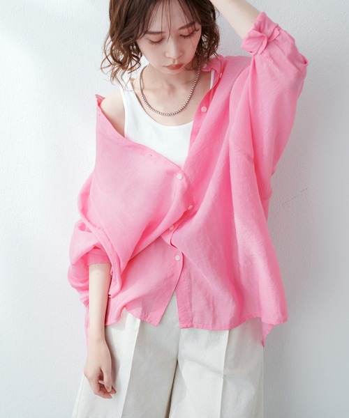 natural couture（ナチュラルクチュール）の「BIGシルエットシアーシャツ（シャツ/ブラウス・レディース・オフホワイト/ベージュ/グリーン/ピンク・FREE）」の6枚目の写真