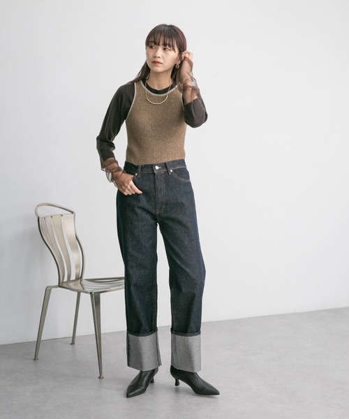 KBF（ケイビーエフ）の「ターンアップストレートデニム（デニムパンツ・レディース・ノンウォッシュ/ホワイト・38/36）」の4枚目の写真