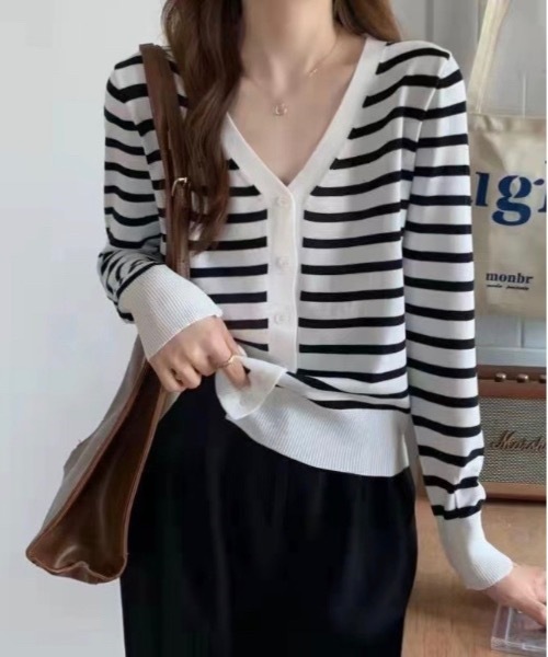 Burner（バーナー）の「【OKUOKU　0909】ボーダー　Vネック　カーディガン　oku-tops-681338255475-1498（カーディガン/ボレロ・レディース・A/B/C・FREE）」の2枚目の写真