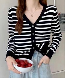 Burner | 【OKUOKU　0909】ボーダー　Vネック　カーディガン　oku-tops-681338255475-1498(カーディガン/ボレロ)