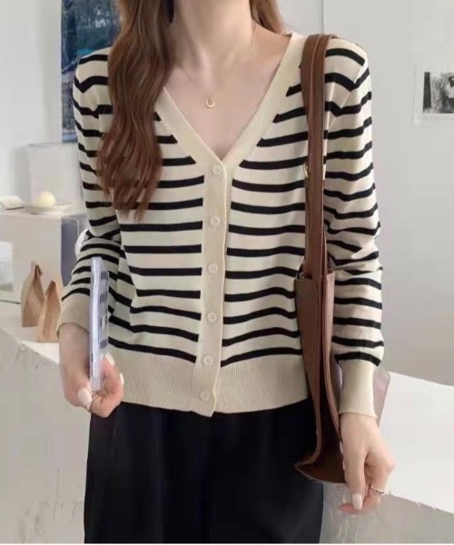 Burner（バーナー）の「【OKUOKU　0909】ボーダー　Vネック　カーディガン　oku-tops-681338255475-1498（カーディガン/ボレロ・レディース・A/B/C・FREE）」の3枚目の写真