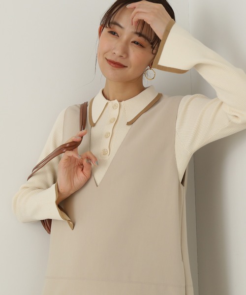 N.（N. Natural Beauty Basic）（エヌエヌナチュラルビューティーベーシック）の「◆ロングポイントカラーポロニット（ニット/セーター・レディース・ネイビー/ベージュ/オフホワイト・MEDIUM）」の2枚目の写真