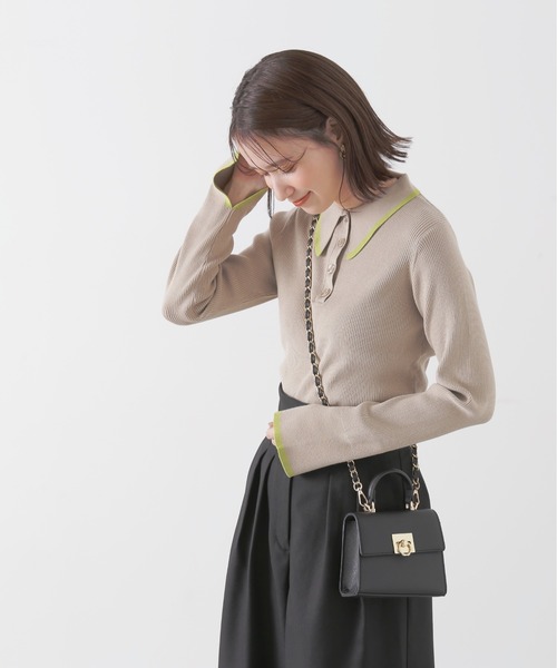 N.（N. Natural Beauty Basic）（エヌエヌナチュラルビューティーベーシック）の「◆ロングポイントカラーポロニット（ニット/セーター・レディース・ネイビー/ベージュ/オフホワイト・MEDIUM）」の7枚目の写真