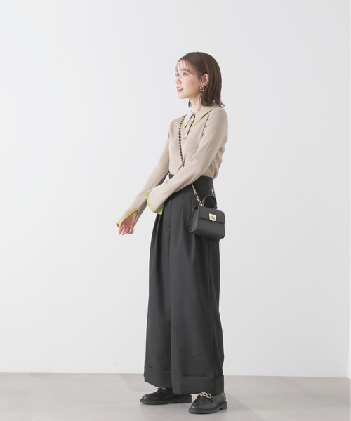 N.（N. Natural Beauty Basic）（エヌエヌナチュラルビューティーベーシック）の「◆ロングポイントカラーポロニット（ニット/セーター・レディース・ネイビー/ベージュ/オフホワイト・MEDIUM）」の8枚目の写真